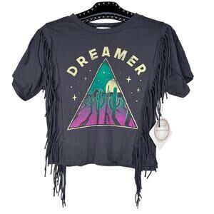 Moonchild Gray Dreamer Fringe Short Sleeve Shirt Small NWT